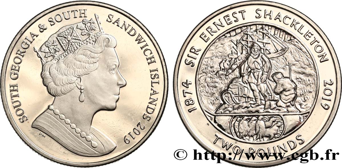 GEORGIA DEL SUD E ISOLE SANDWICH MERIDIONALI 2 Pounds (2 Livres) Proof Sir Ernest Shackleton 2019 Pobjoy Mint MS 