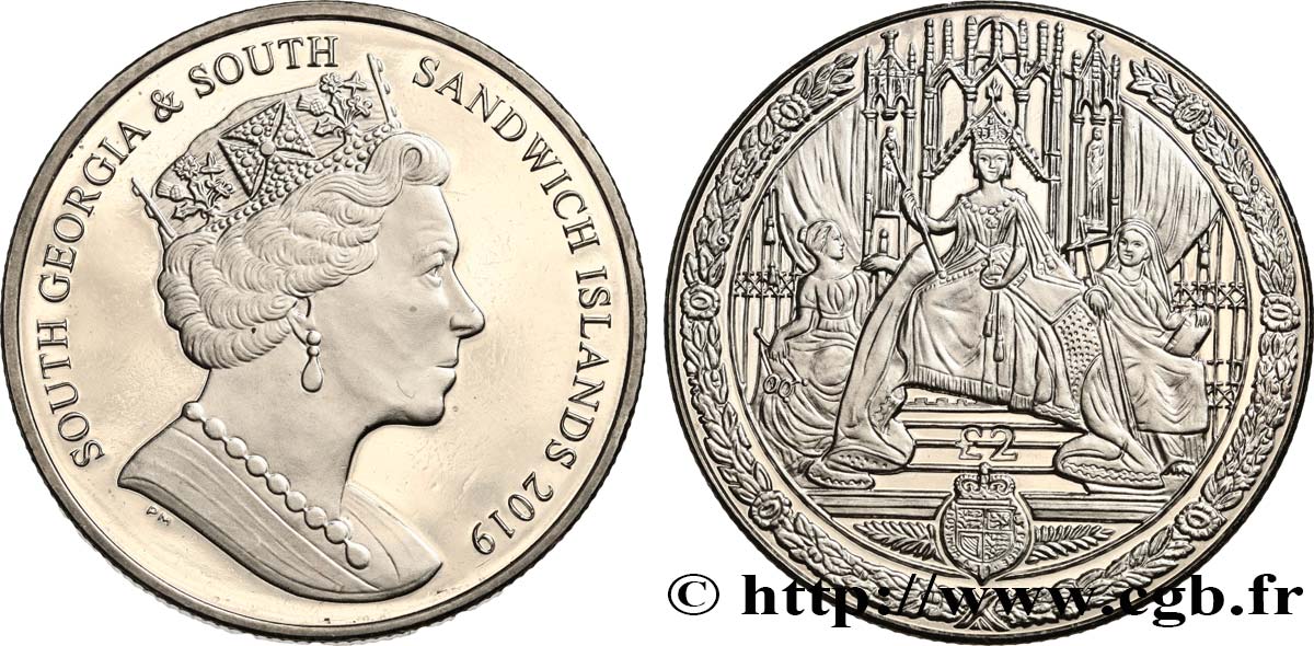 SOUTH GEORGIA AND THE SOUTH SANDWICH ISLANDS 2 Pounds (2 Livres) Proof Sceau de la reine Victoria sur le trône 2019 Pobjoy Mint MS 