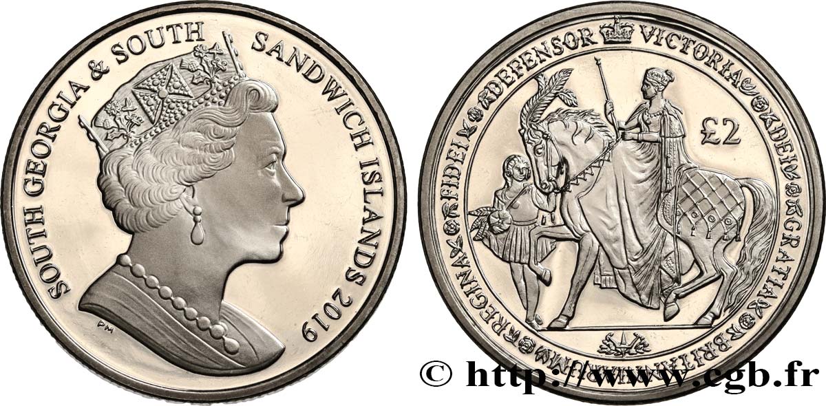 GEORGIA DEL SUD E ISOLE SANDWICH MERIDIONALI 2 Pounds (2 Livres) Proof Sceau à cheval de la reine Victoria 2019 Pobjoy Mint MS 
