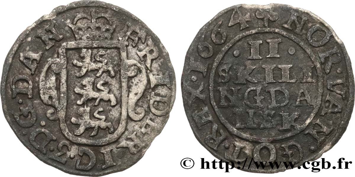DANEMARK 2 Skilling au nom de Frédéric III 1664 Copenhague TB 