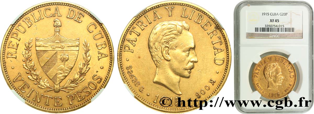 CUBA 20 Pesos José Marti 1915 Philadelphie XF45 NGC