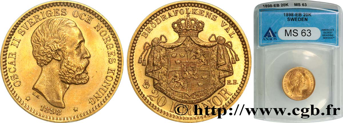 SWEDEN 20 Kronor, 3e type Oscar II 1898 Stockholm MS63 ANACS