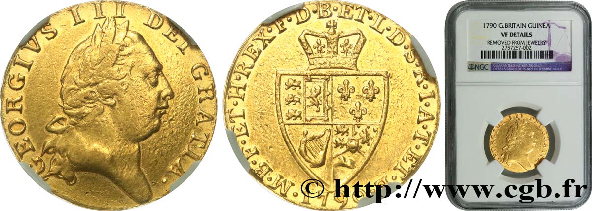 GRANDE-BRETAGNE - GEORGES III Guinée, 5e type 1790 Londres TB+ NGC