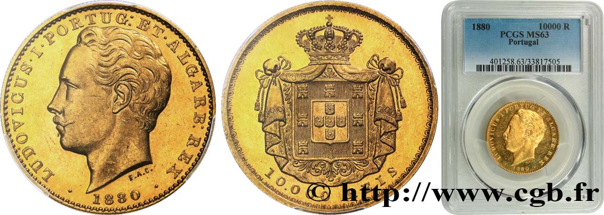 PORTUGAL - ROYAUME DU PORTUGAL - LOUIS Ier 10.000 Reis 1880 Lisbonne fST63 PCGS