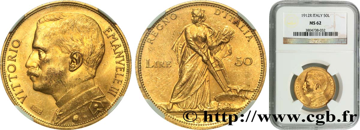 ITALY - KINGDOM OF ITALY - VICTOR-EMMANUEL III 50 Lire 1912 Rome MS62 NGC