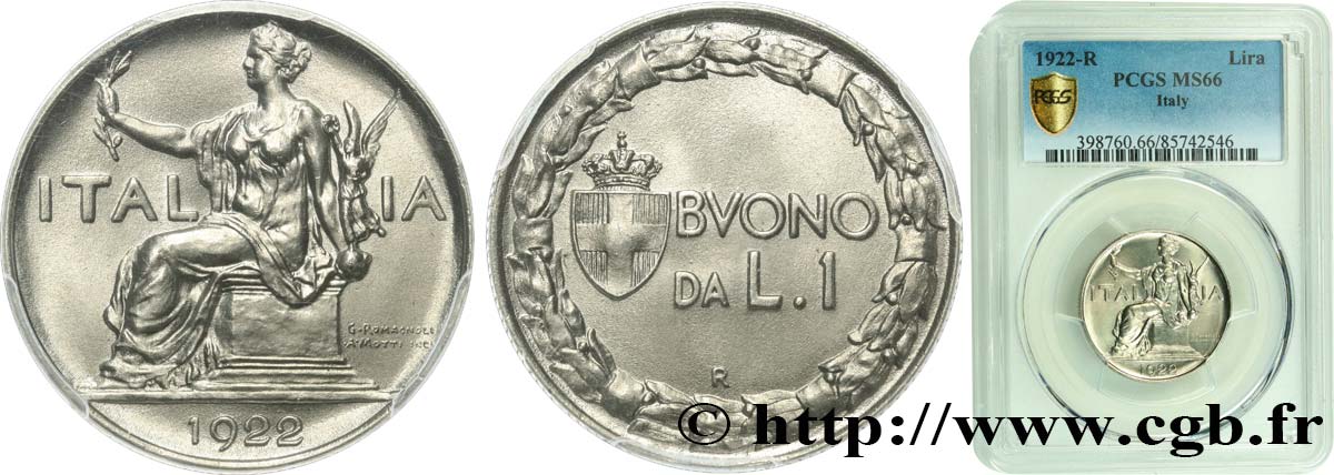 ITALY 1 Lira (Buono da L.1) Italie assise 1922 Rome MS66 PCGS