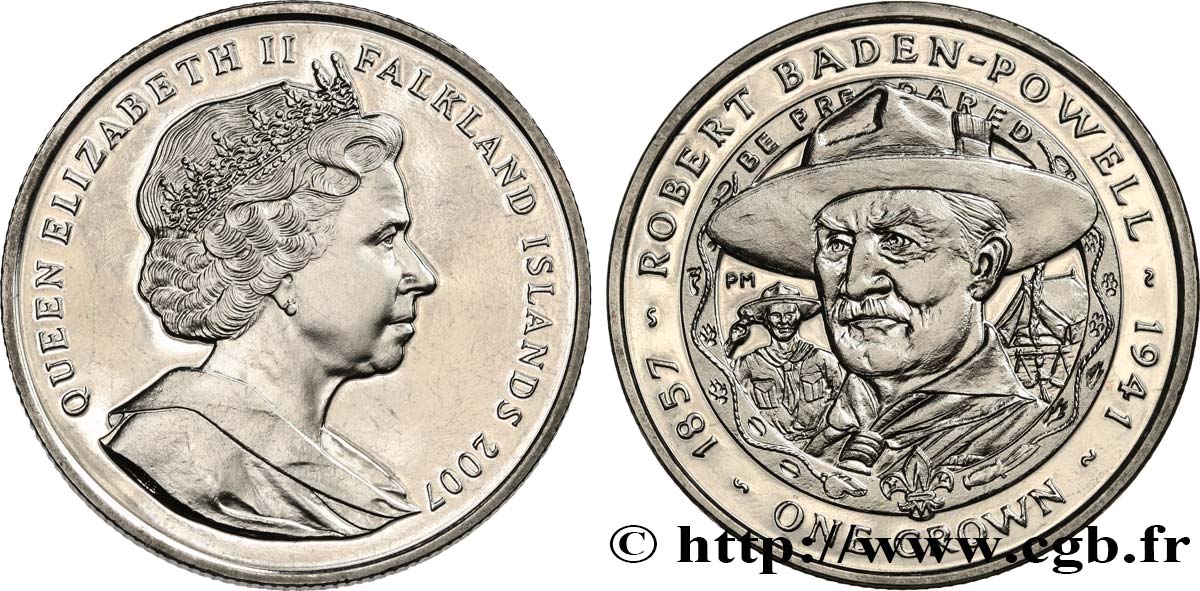 ÎLES FALKLAND 1 Crown Proof Robert Baden-Powell 2007 Pobjoy Mint SPL 