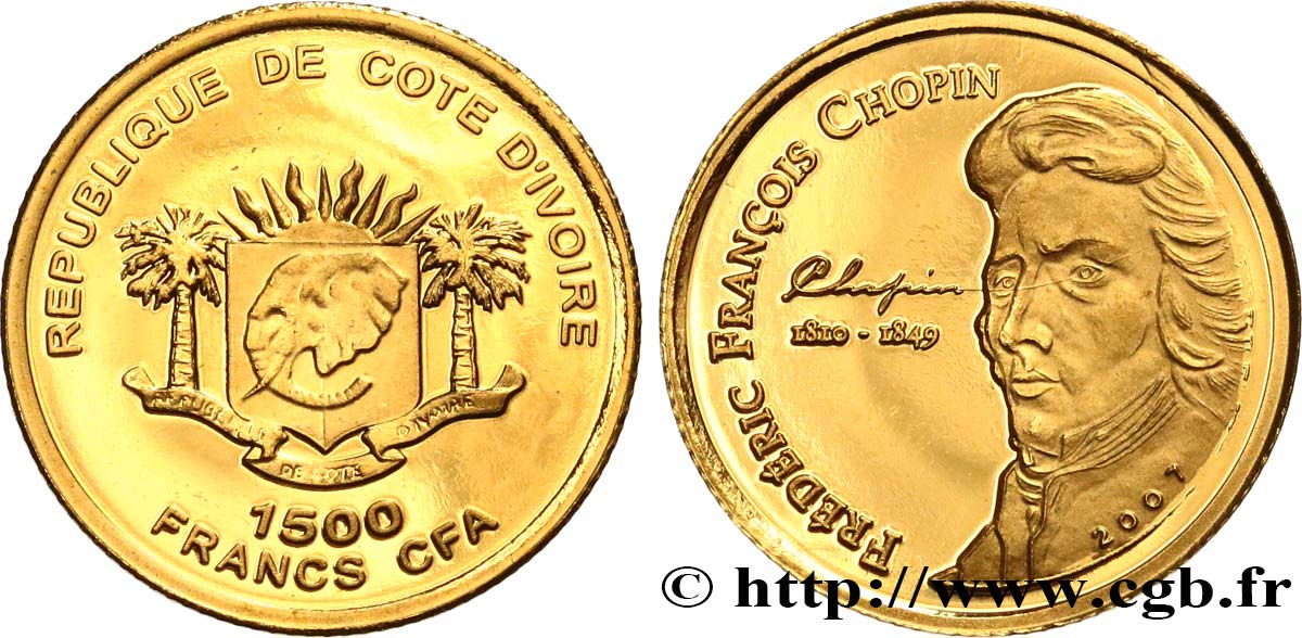 COSTA DE MARFIL 1500 Francs CFA Proof Frédéric Chopin 2007  FDC 