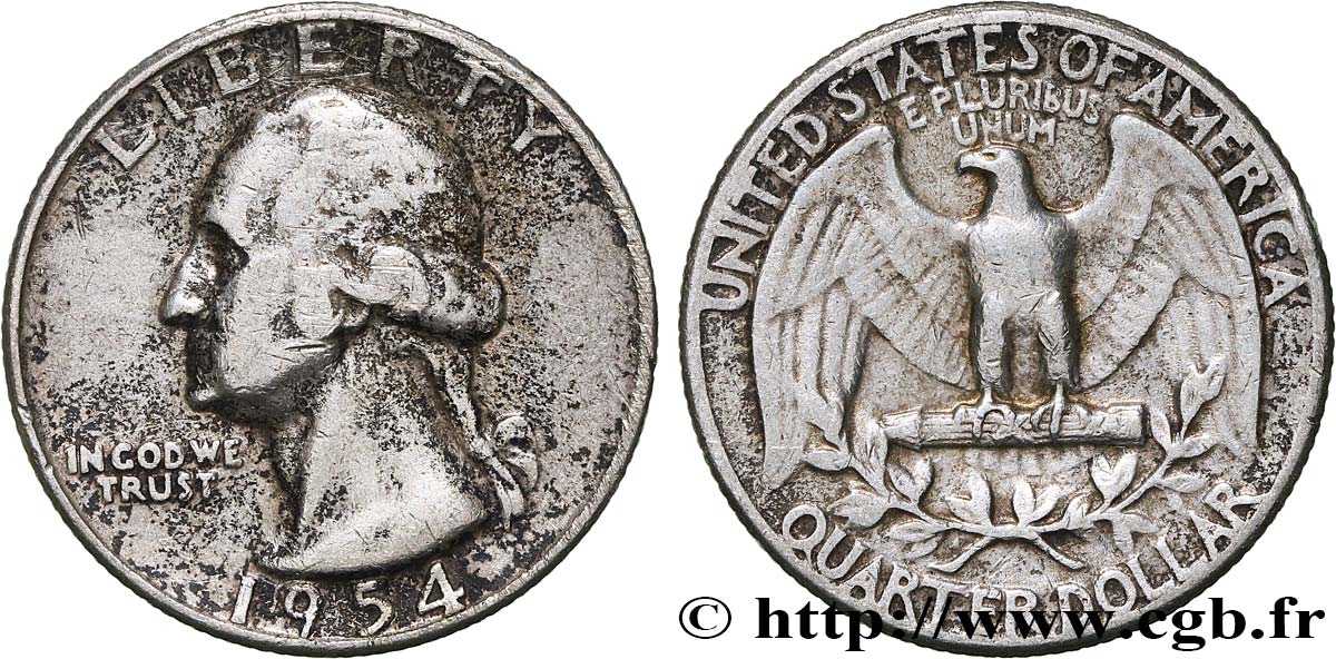ÉTATS-UNIS D AMÉRIQUE 1/4 Dollar Georges Washington 1954 Philadelphie TB+ 