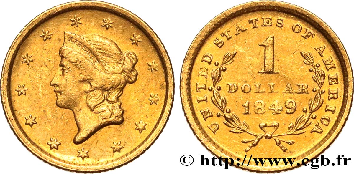 UNITED STATES OF AMERICA 1 Dollar Or  Liberty head  1er type 1849 Philadelphie AU 