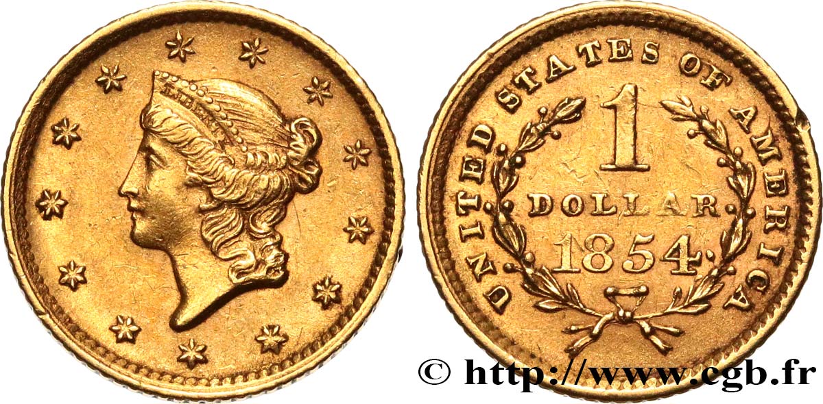 UNITED STATES OF AMERICA 1 Dollar Or  Liberty head  1er type 1854 Philadelphie AU 