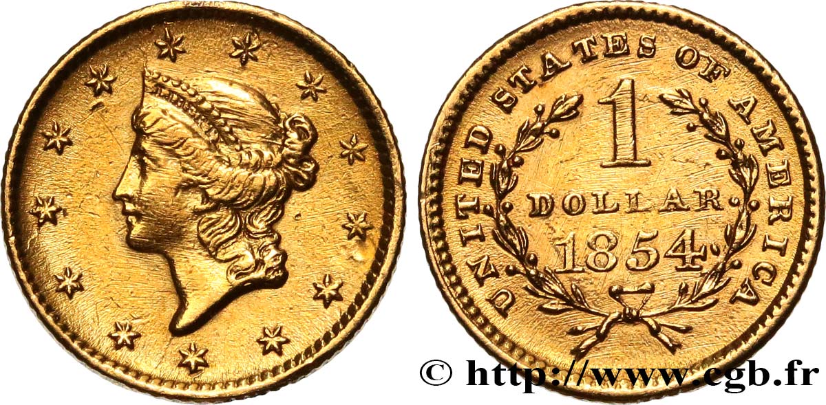 UNITED STATES OF AMERICA 1 Dollar Or  Liberty head  1er type 1854 Philadelphie AU 