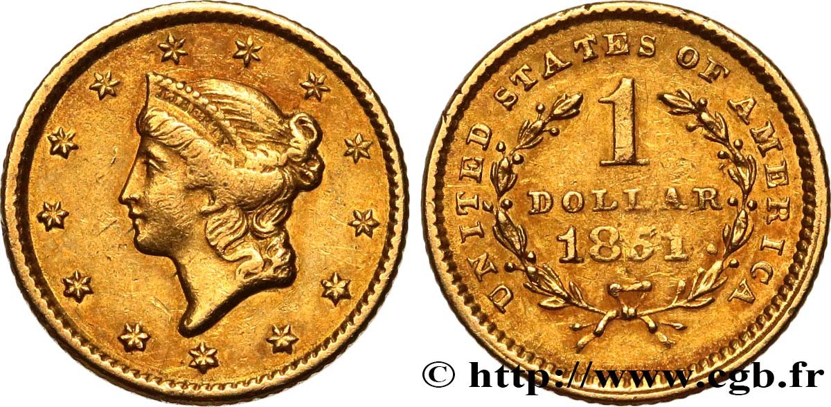 UNITED STATES OF AMERICA 1 Dollar Or  Liberty head  1er type 1851 Philadelphie XF 