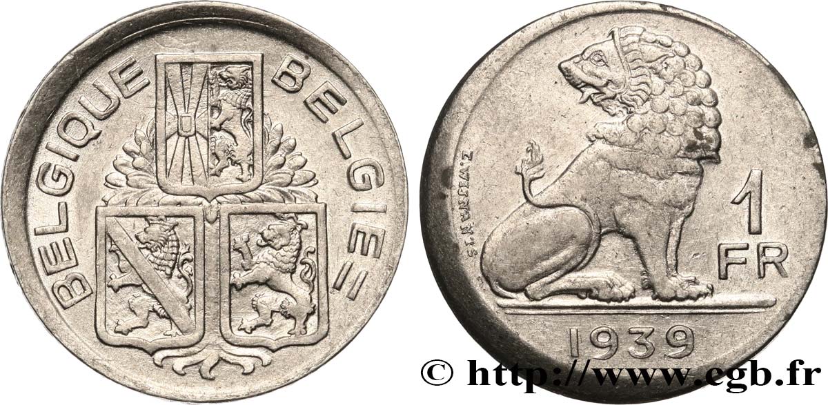 BELGIQUE 1 Franc “casquette” 1939  TTB+ 