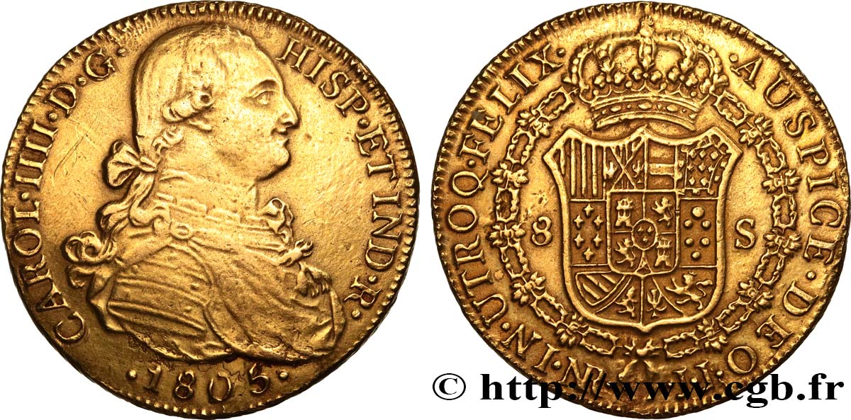 COLOMBIA 8 Escudos Charles IV 1805 Nuevo Reino (Bogota) XF/AU 