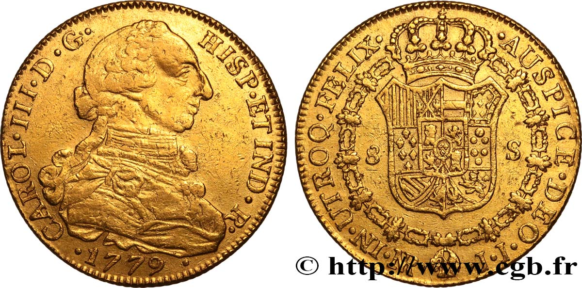 COLOMBIA 8 Escudos Charles III 1779 Nuevo Reino (Bogota) XF 