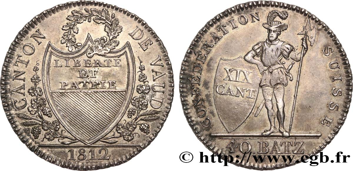 SUISSE - CONFÉDÉRATION HELVÉTIQUE - CANTON DE VAUD 40 Batz 1812 Lausanne SUP/TTB 