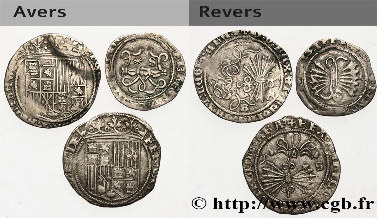 ESPAGNE - ROYAUME D ESPAGNE - ISABELLE ET FERDINAND LES ROIS CATHOLIQUES Lot de trois monnaies 1/2 real et 2 x 1 real N.D.  S 