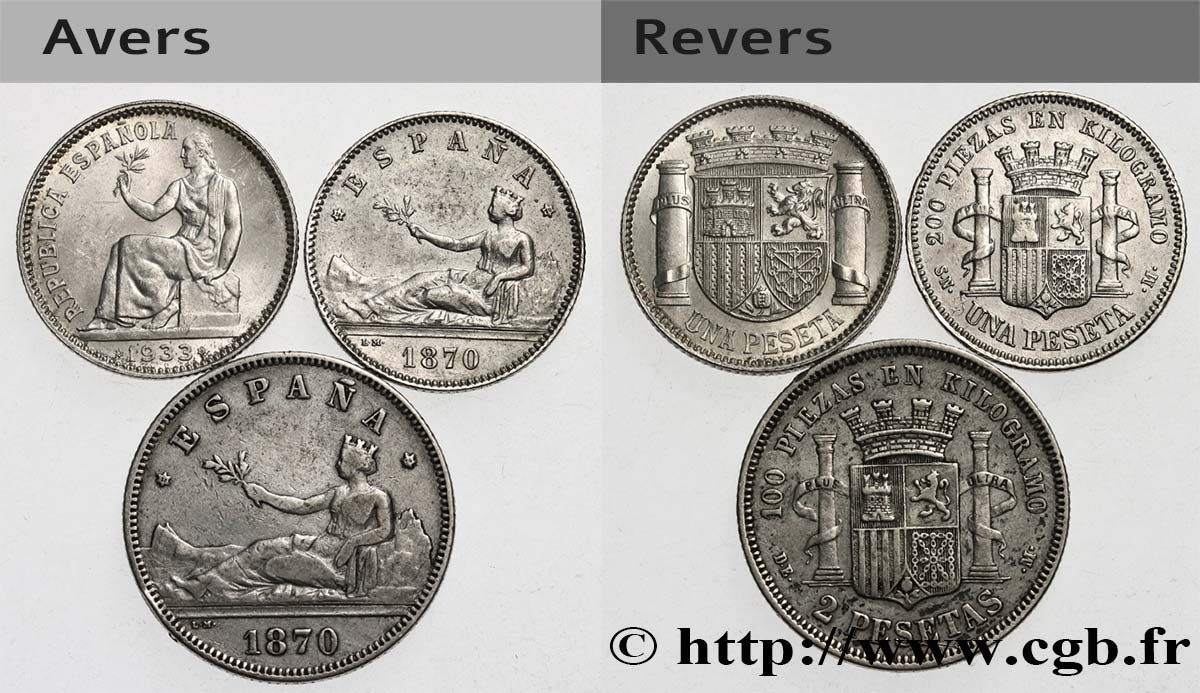 SPAGNA Lot de trois monnaies Première et Seconde Républiques 1870-1933 Madrid BB 