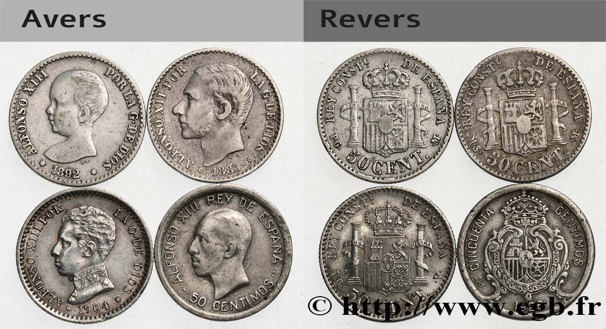 SPANIEN Lot de quatre monnaies 50 Centimos Alphonse XII et Alphonse XIII 1885-1904 Madrid SS 