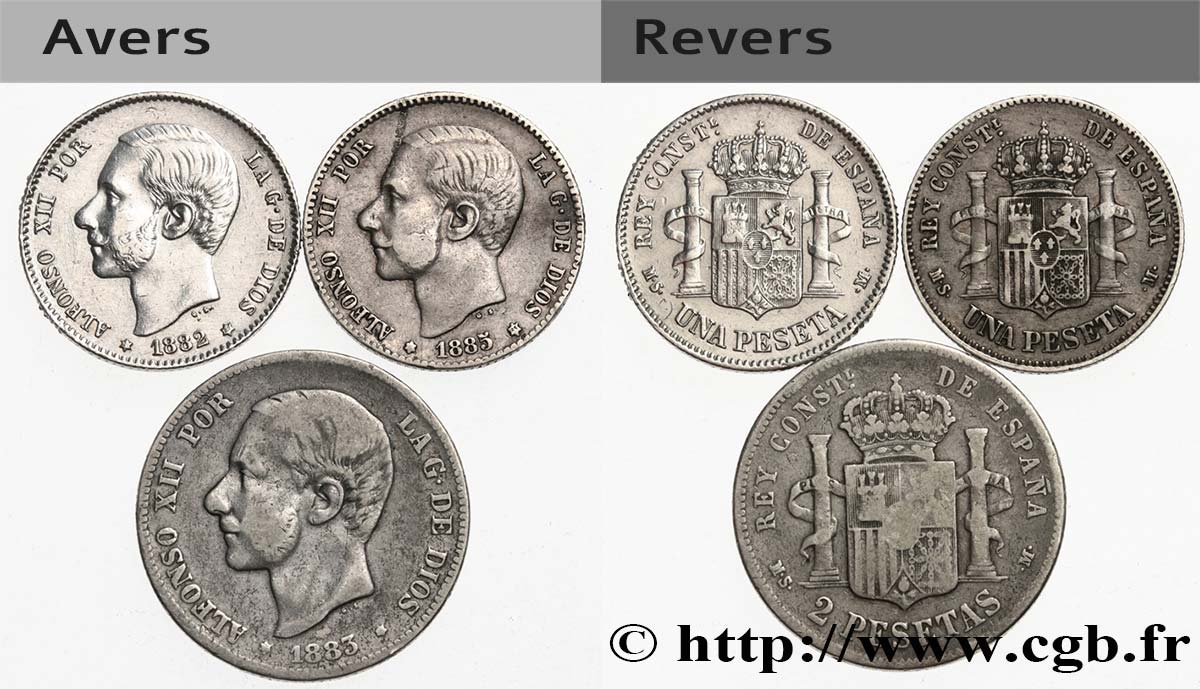 ESPAÑA Lot de trois monnaies Alphonse XII 1882-1885 Madrid MBC 