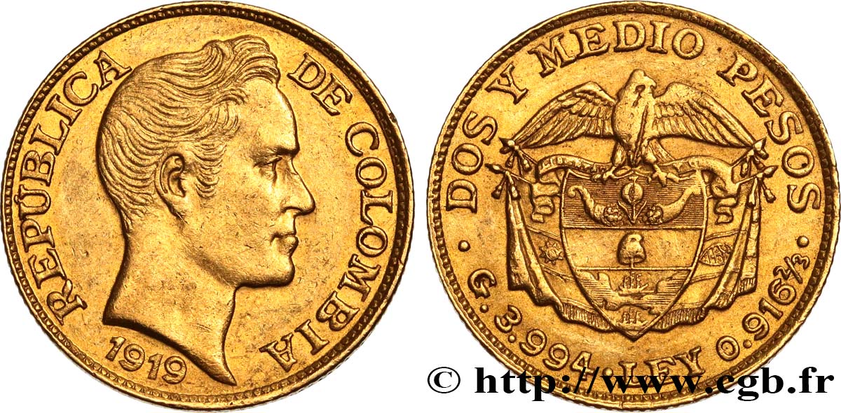 COLOMBIA 2 1/2 Pesos Simon Bolivar 1919 Bogota MBC+ 