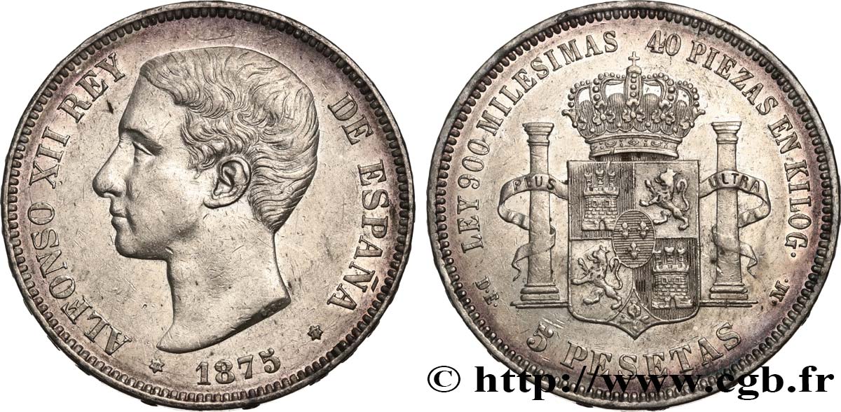 SPAIN 5 Pesetas Alphonse XII 1875 Madrid AU 