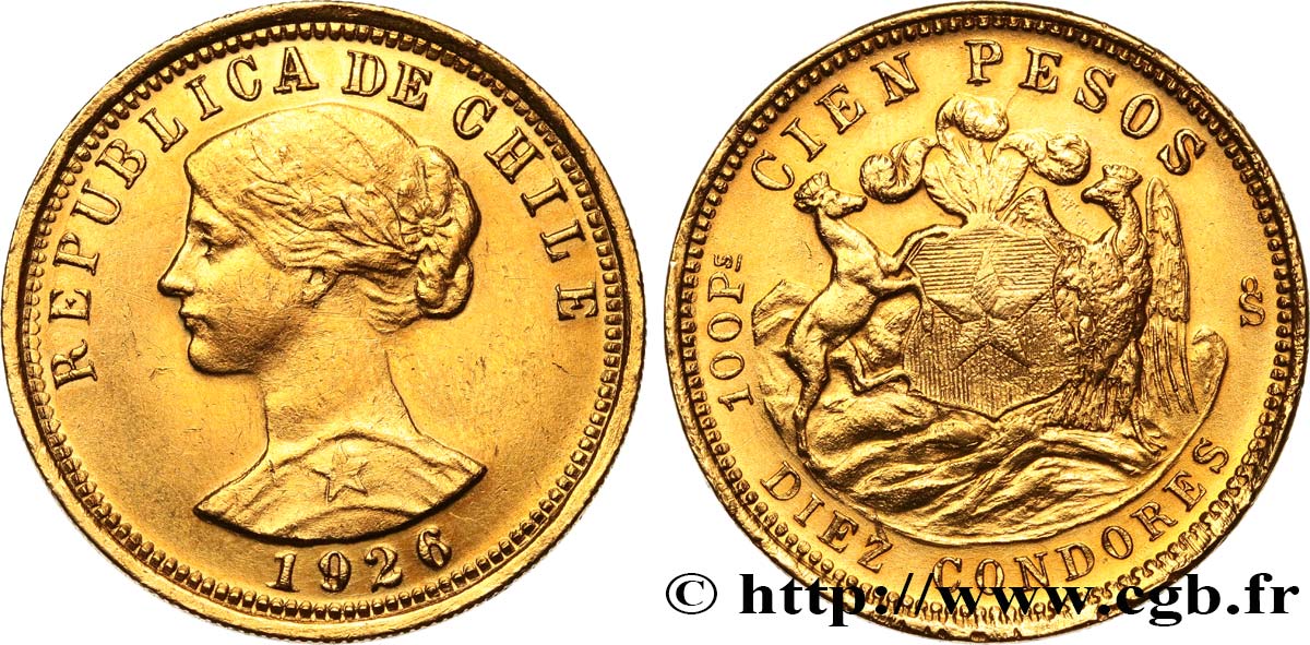 CHILE
 100 Pesos or ou 10 Condores en or, 1er type 1926 Santiago EBC 