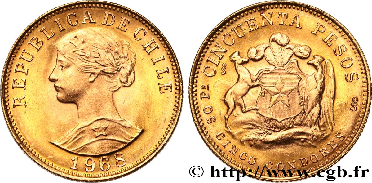 CHILI 50 Pesos or ou 5 condores 1968 Santiago SPL 