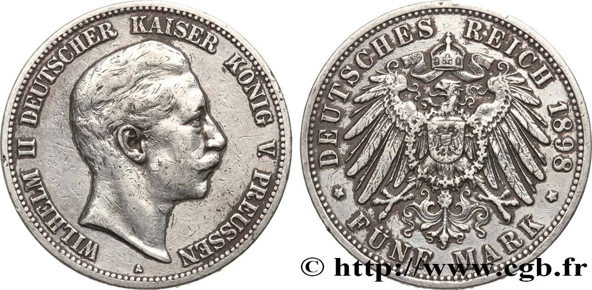 GERMANIA - PRUSSIA 5 Mark Guillaume II 1898 Berlin q.BB/BB 