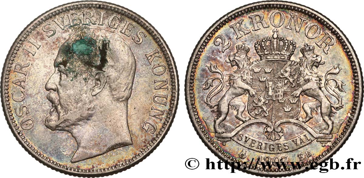 SWEDEN 2 Kronor Oscar II roi de Suède et de Norvège 1907  XF 