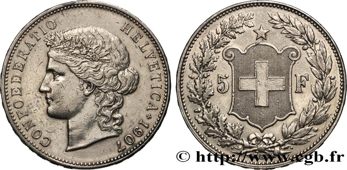 SUISSE 5 Francs Helvetia 1907 Berne TTB 