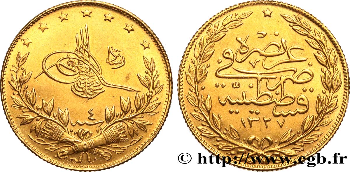 TURQUíA 100 Kurush Sultan Mohammed V Resat AH 1327 An 4 1912 Constantinople EBC 