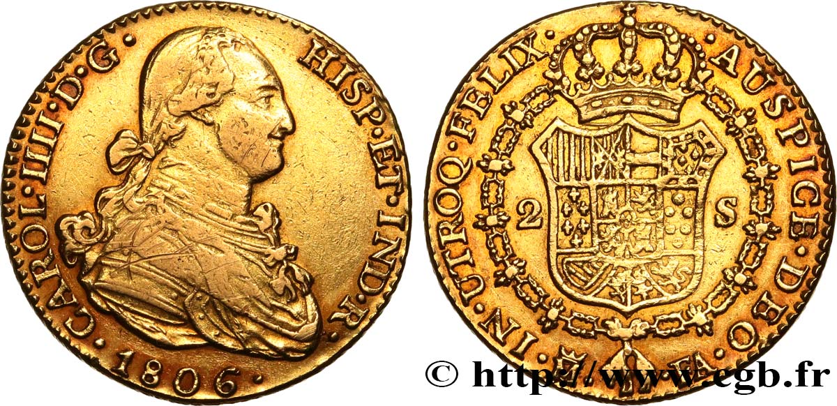 SPAIN 2 Escudos Charles IV 1806 Madrid VF/XF 