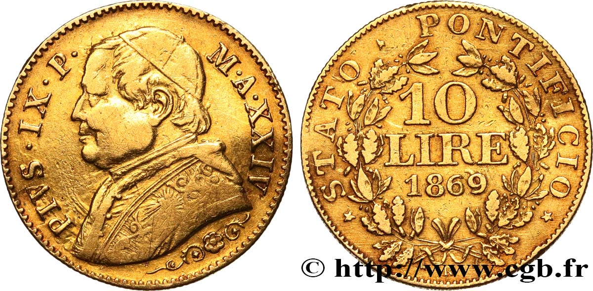 VATICAN ET ÉTATS PONTIFICAUX 10 Lire Pie IX an XIV 1869 Rome TB+ 