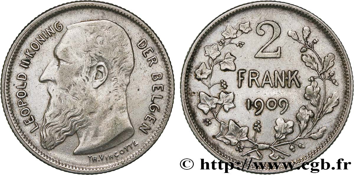 BELGIQUE 2 Frank (Francs) Léopold II légende flamande 1909  TTB 