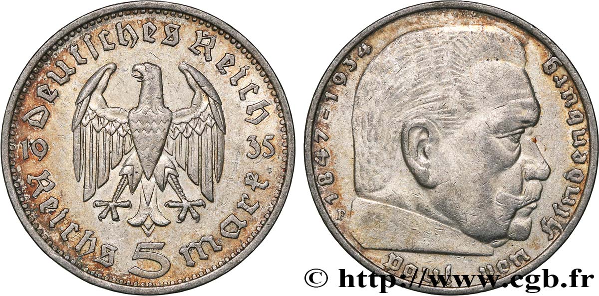 GERMANIA 5 Reichsmark Aigle / Maréchal Paul von Hindenburg 1935 Stuttgart q.SPL 