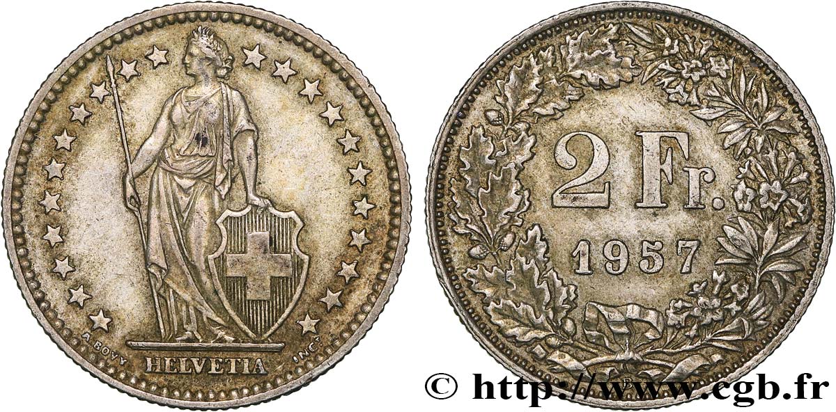 SUISSE 2 Francs Helvetia 1957 Berne TTB 