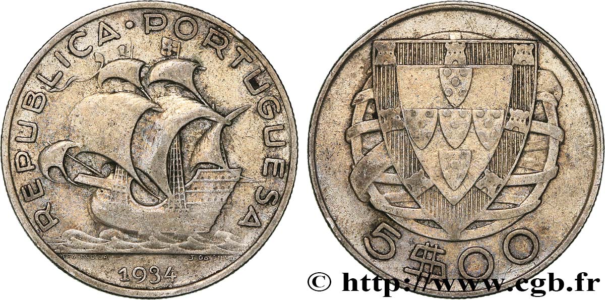 PORTUGAL 5 Escudos emblème 1934  BC+ 