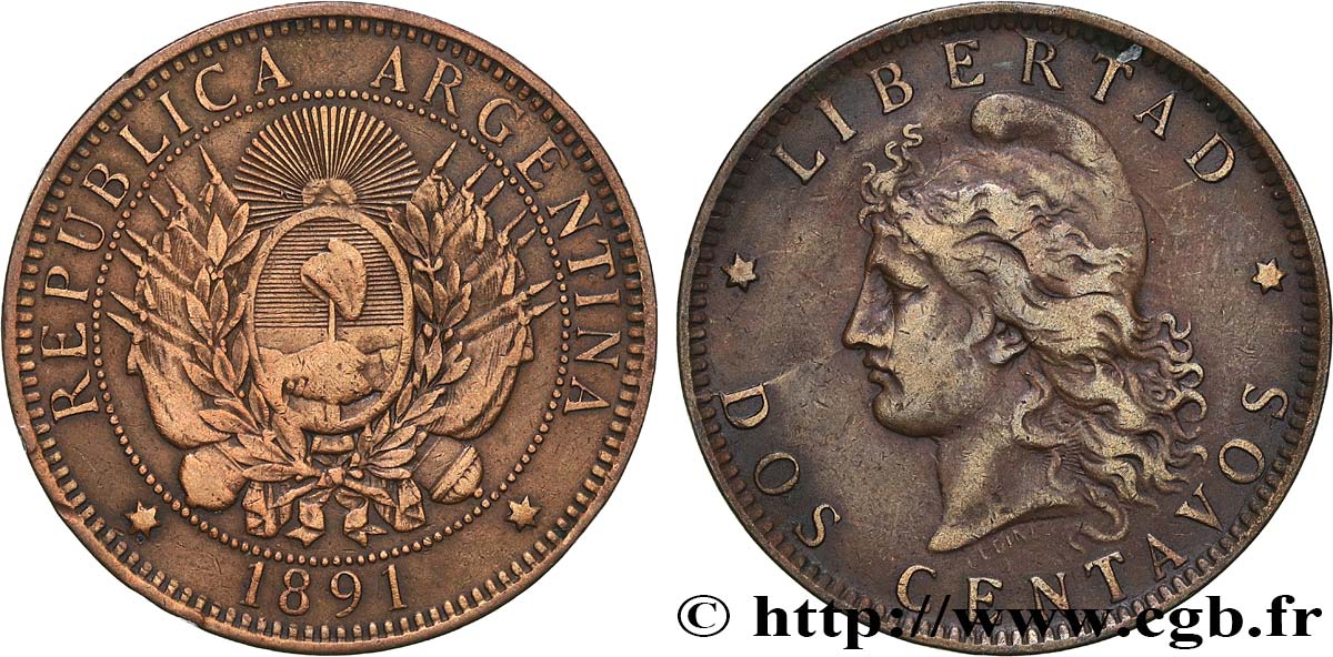 ARGENTINA 2 Centavos “Liberté” 1891  MBC 