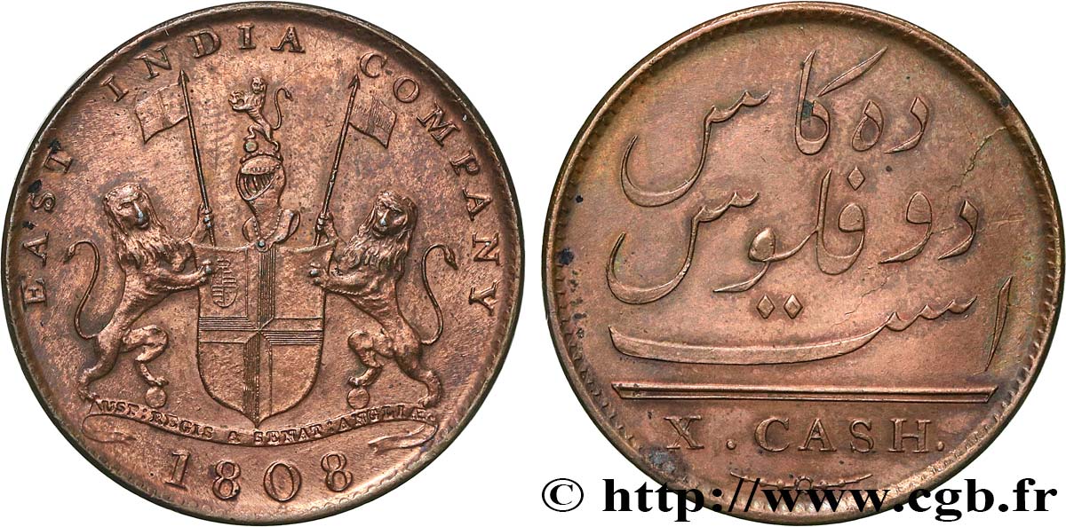 INDE 10 Cash Madras East India Company, type à 4,66 g 1808  SUP 