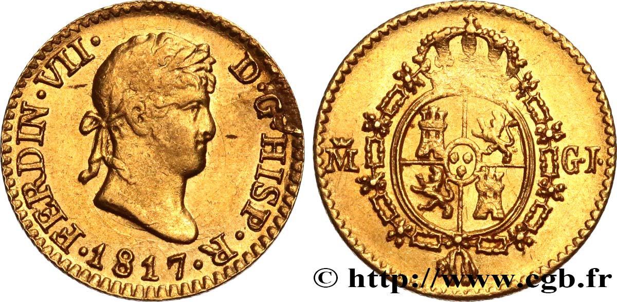 ESPAGNE 1/2 Escudo Ferdinand VII 1817 Madrid TTB+ 