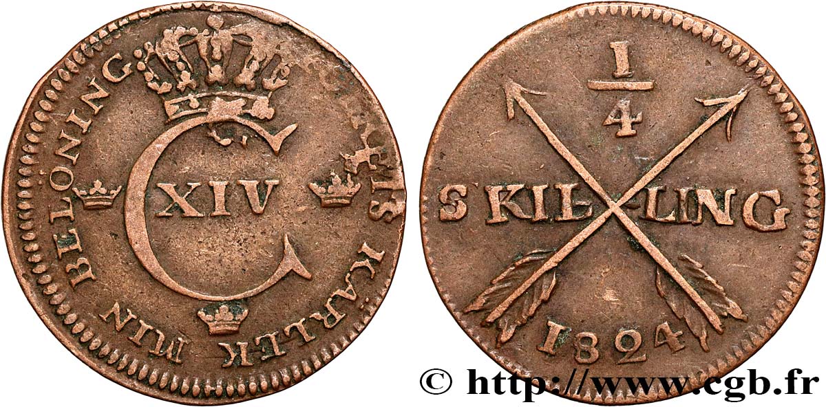 SUECIA 1/4 Skilling monograme du roi Charles XIV 1824  BC+ 