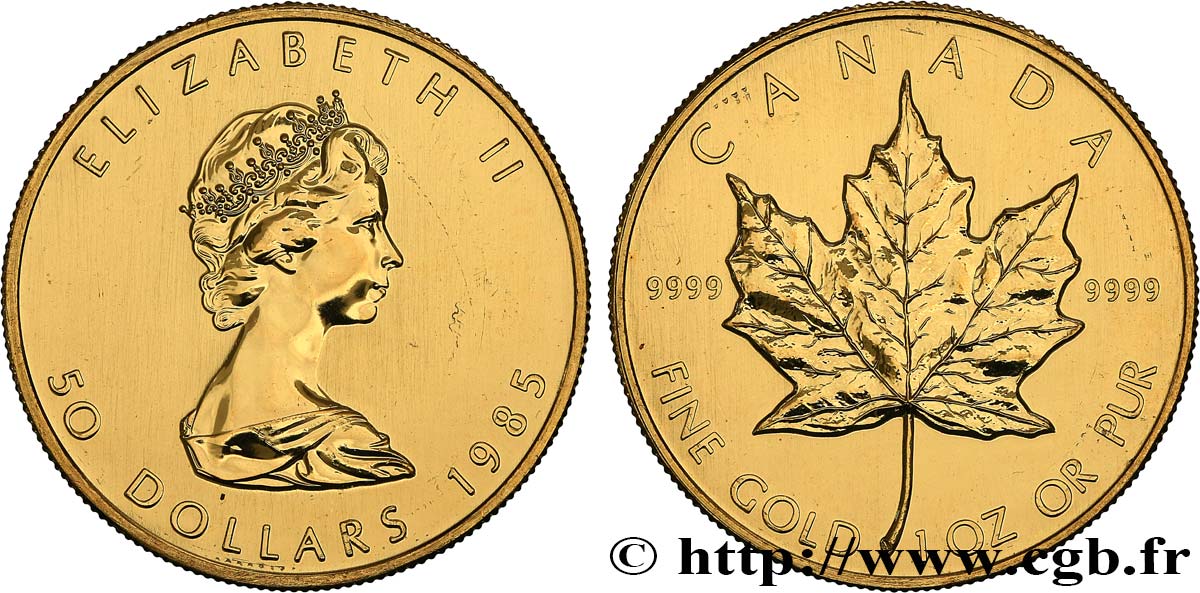 INVESTMENT GOLD 50 Dollars  Maple Leaf  Elisabeth II 1985  fST 