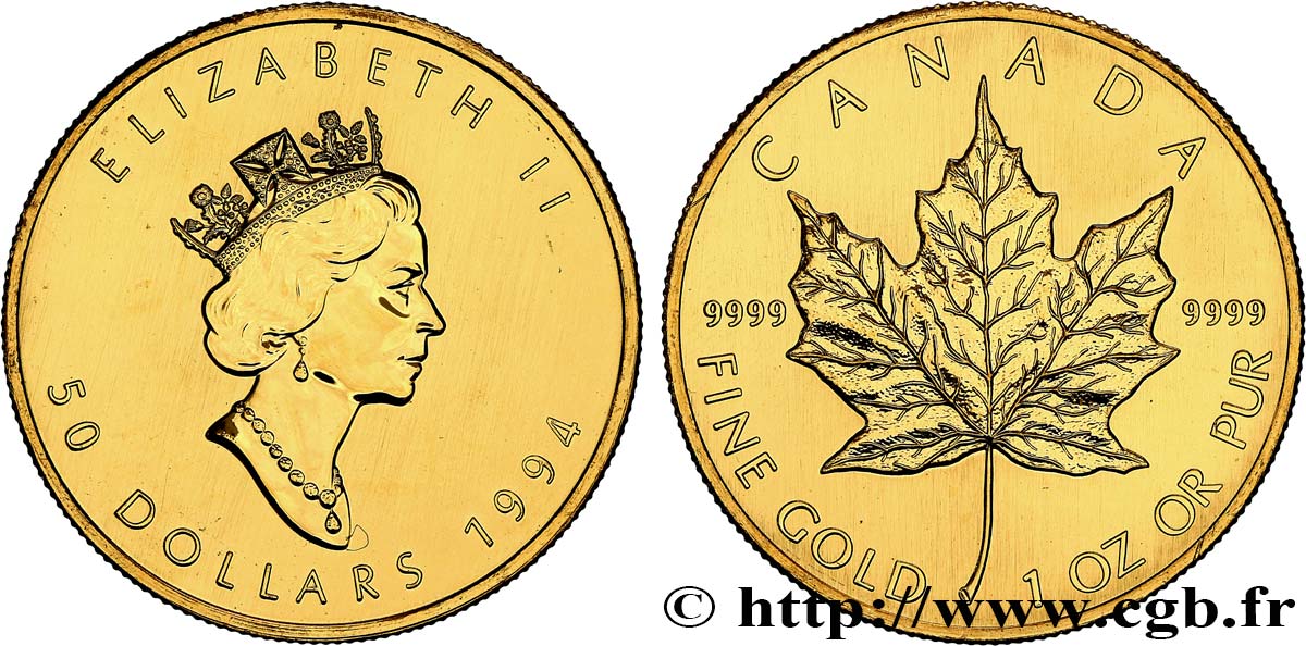 INVESTMENT GOLD 50 Dollars  Maple Leaf  Elisabeth II 1994  SC 