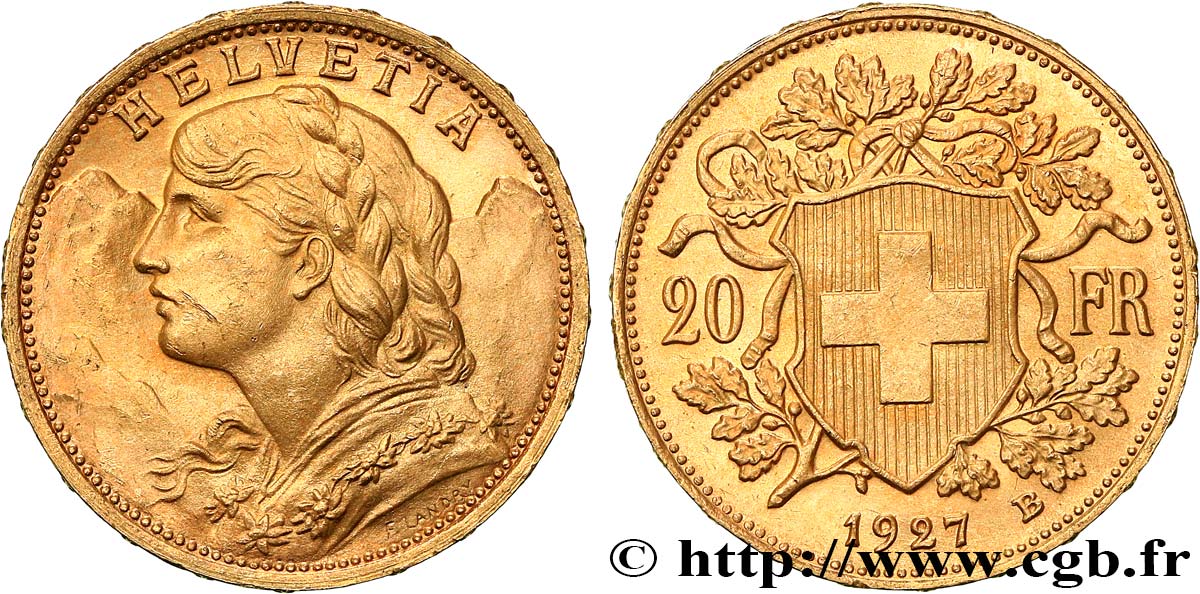 INVESTMENT GOLD 20 Francs or  Vreneli  1927 Berne SC 