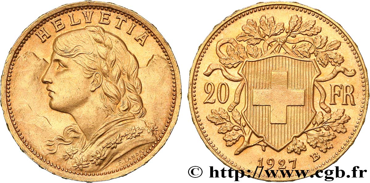 INVESTMENT GOLD 20 Francs or  Vreneli  1927 Berne MS 