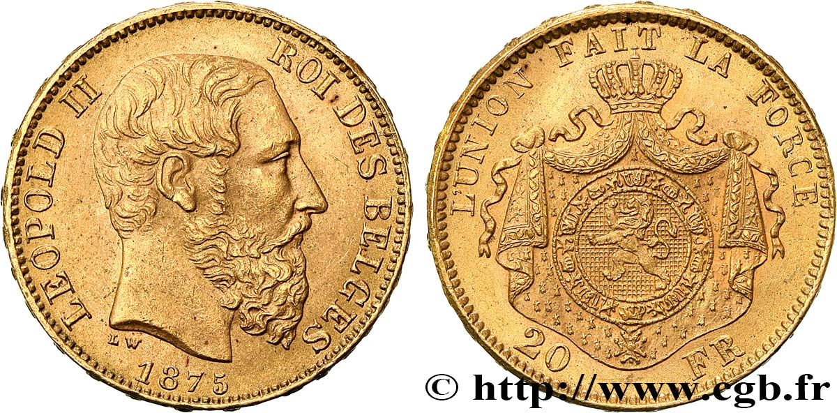 INVESTMENT GOLD 20 Francs Léopold II 1875 Bruxelles AU 