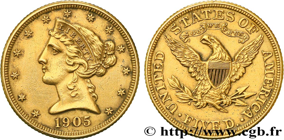 GOLD, PALLADIUM & PLATINUM INVESTMENT 5 Dollars &nbsp;Liberty&nbsp; 1905 Philadelphie AU 