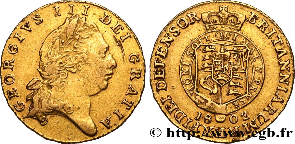 REINO UNIDO Demi-guinée Georges III, 6e buste 1802 Londres MBC 